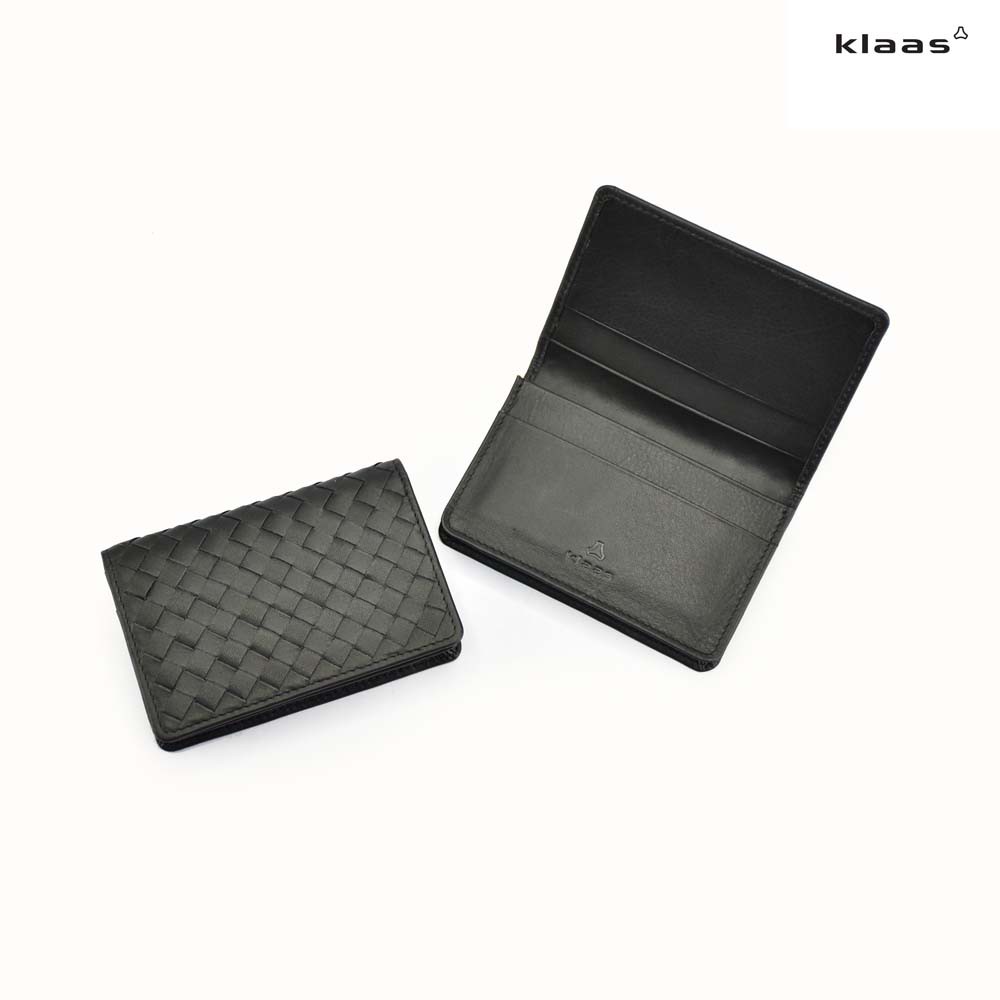 06-231 bi-fold card case intrecciato กระเป๋าใส่บัตรสานหนังแท้ ยี่ห้อ klaas ของแท้
