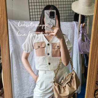เสื้อครอป ผ้าฝ้าย ครอปผ้าฝ้ายผสมลินิน งานน่ารักมาก ทูโทน แต่งกระเป๋าหน้า (งานถ่ายจากสินค้าจริง)