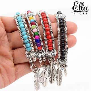 Ellastore123 สร้อยข้อมือ กําไลข้อมืออัลลอย รูปขนนก สีเขียวขุ่น สามชั้น ของขวัญ สําหรับผู้หญิง