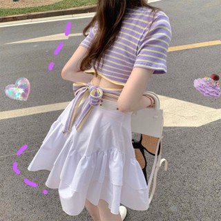 สูทสองชิ้น (ส่งเข็มขัด)ชุดกระโปรงชุดกระโปรงเสื้อยืดลายทางถักแขนสั้น