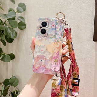 พร้อมส่ง ใหม่ เคสโทรศัพท์มือถือ ซิลิโคนนิ่ม ลายภาพวาดสีน้ํามัน รูปดอกซากุระ พร้อมสายคล้องข้อมือ สําหรับ Oppo Reno7 Z 5G