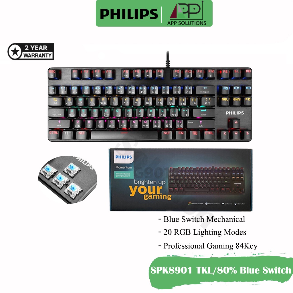 PHILIPS KEYBOARD(คียบอร์ด)Gaming Mechanical Blue Switch รุ่นSPK8901-TKL(Black)