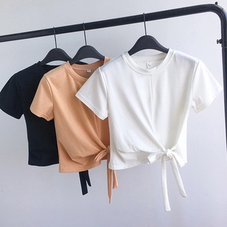 พร้อมส่ง เสื้อครอปแฟชั่นเกาหลี เสื้อครอปแขนสั้นน่ารัก ครอปเกร๋ผ้ายืดใส่สบาย ฮิตสุดๆ