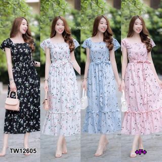 &lt;TW12605&gt;Dress เดรสคอเหลี่ยมแขนกุด ไหล่ 2 ข้าง แต่งระบาย เนื้อผ้าหางกระรอก พิมพ์ลายดอกไม้ เอวมีสายผูกเอว มีซิปหลัง