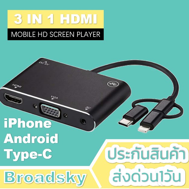 🧧เหลือ369.-ใช้โค้ด "80ELMAY"🧧3in1 Mobile HD screen player Type-C/Lightning/Micro USB to HDMI/VGA/AV 