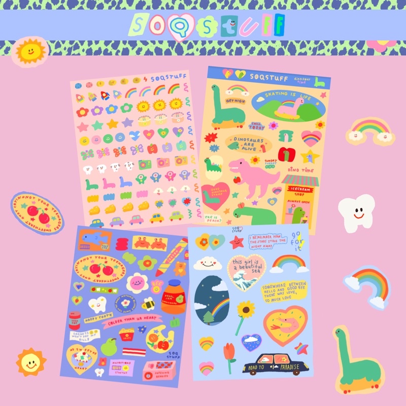 (พร้อมส่ง) สติกเกอร์PP soqstuff stickers สติกเกอร์จิ๋ว ไดโนเสาร์ ฟัน กุ้ง