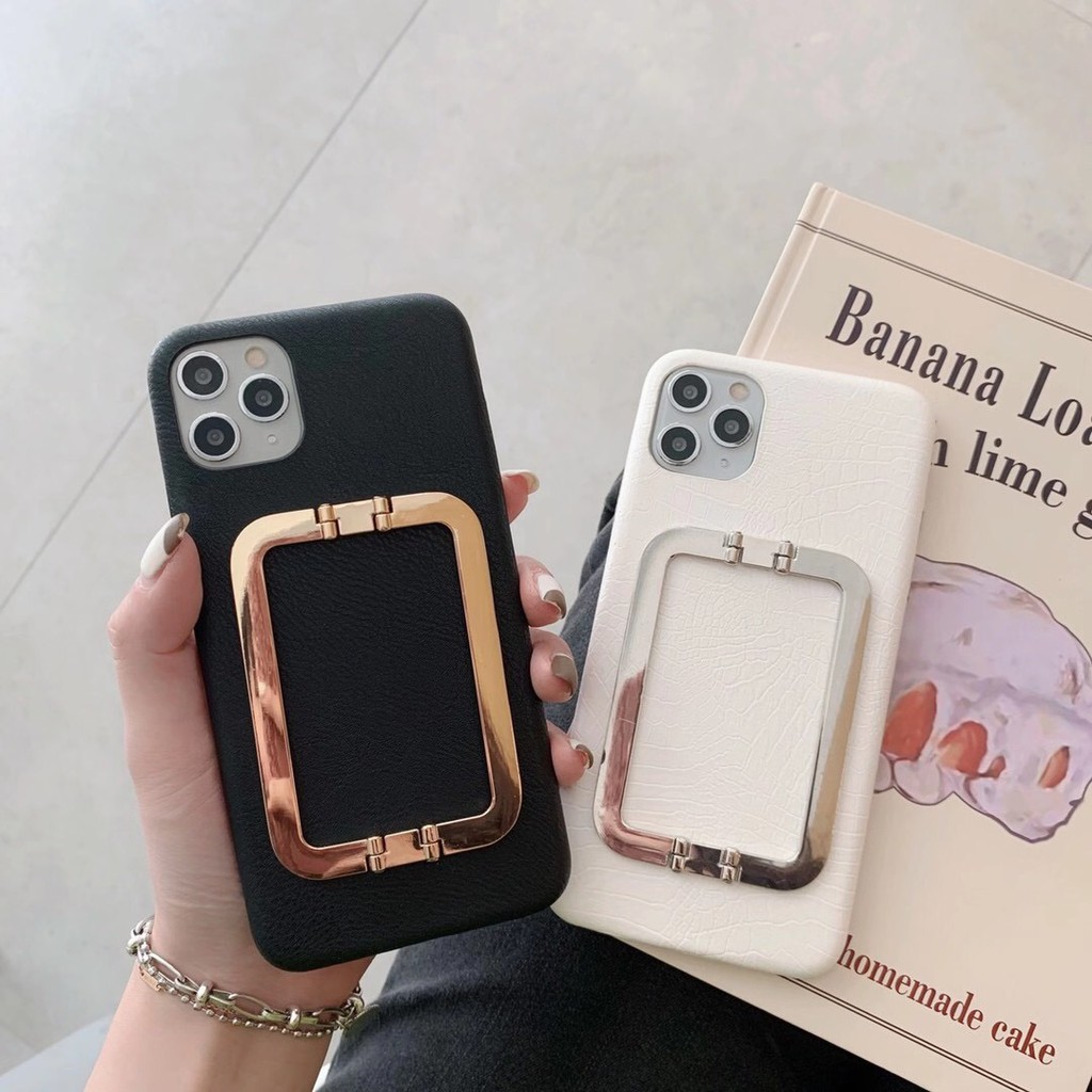เคสหนังสีดําและสีขาวพร้อมขาตั้งโลหะแฟนซี iphone 7 8plus se 2020 x xr xsmax 11promax cover