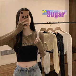 Sugar🌈พร้อมส่ง🌈เสื้อคลุมซีทรู ตาข่าย ผ้าไหมพรม แขนยาว คอกลม เสื้อครอป(78040)