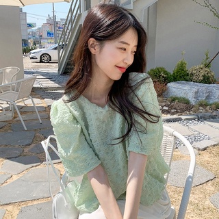 พร้อมส่ง 🥐🥂  puff chiffon top C3053 เสื้อเชิ้ตแขนสั้น เชิ้ตแขนสั้นมินิมอล มี 2 สี เขียว ดำ