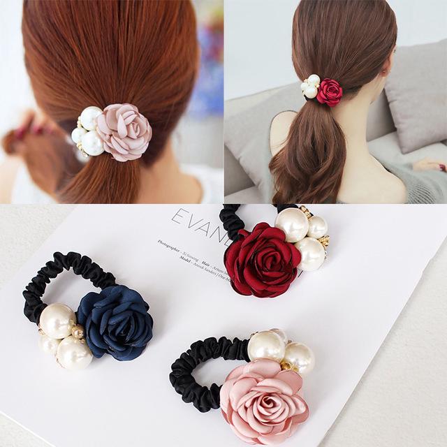 Womens Lady Satin Ribbon Rose Flower Pearls Hairband Ponytail Holder Hair Band