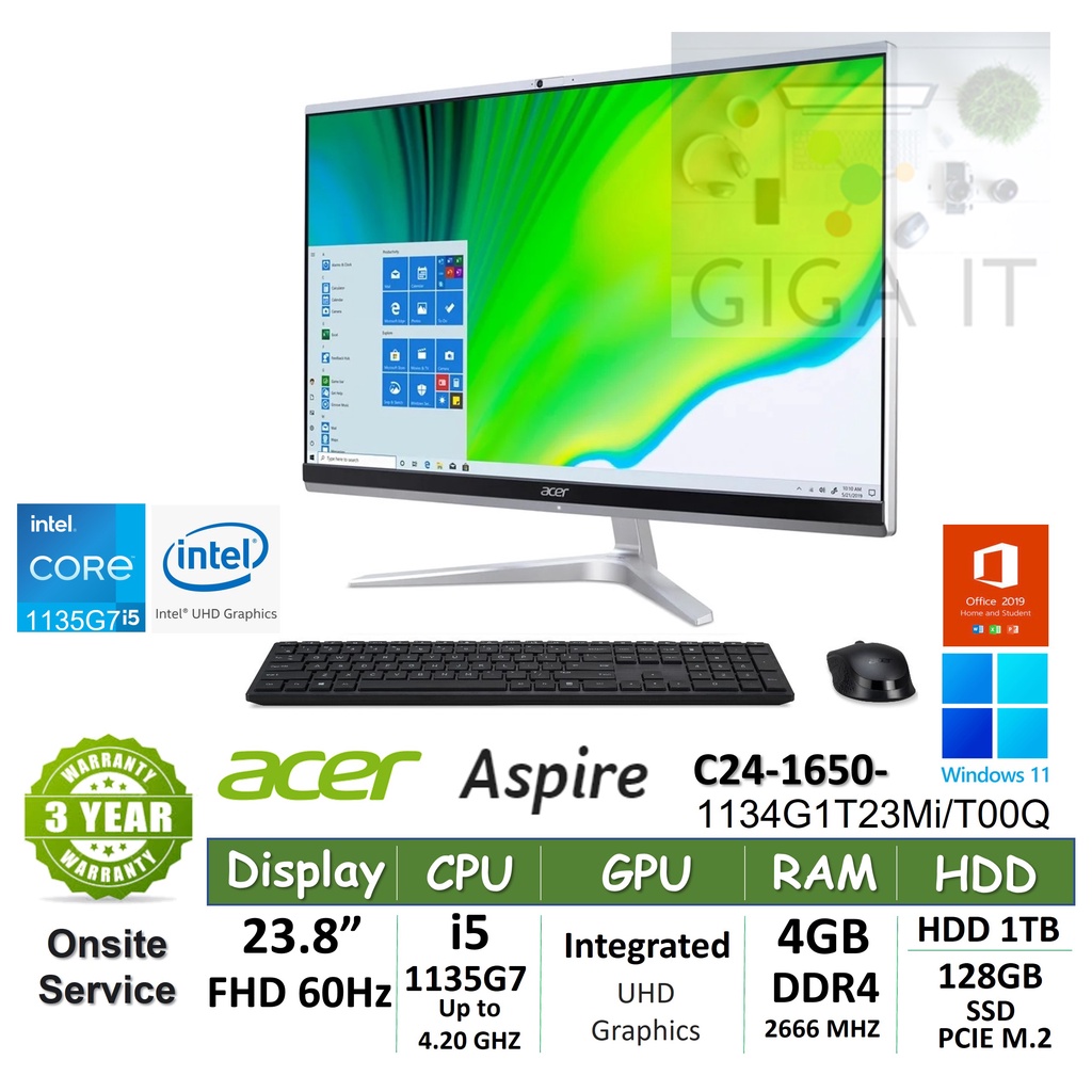 Acer All-in-One Aspire C24-1650-1134G1T23Mi/T00Q 23.8", i5-1135G7, 4G, 1TB+128GB M.2, Win11+Office ประกัน Onsite 3 ปี
