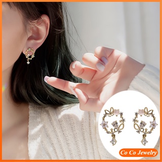 Women Butterfly Flower Hoop Earrings Hollow Out Rhinestone Alloy Stud Earrings Ear Jewelry Pair Pack