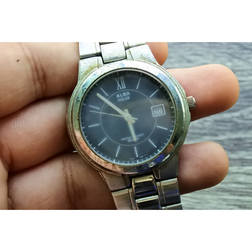 นาฬิกา Vintage มือสองญี่ปุ่น ALBA ระบบ SOLAR ผู้ชาย ทรงกลม กรอบเงิน หน้าดำ หน้าปัด 38mm