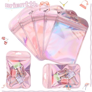 Orienttk 50Pcs Self Sealing Pouches Bags Plastic  With Hang Hole Pink Rainbow Color Resealable Iridescent Zip Pouches