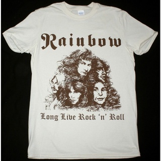 เสื้อยืดผ้าฝ้ายCOTTON ใหม่ เสื้อยืด ลาย RAINBOW LONG LIVE AND ROLL NATURAL DIO BLACKMORE DEEP PURPLE(1) สําหรับผู้ชาย 38