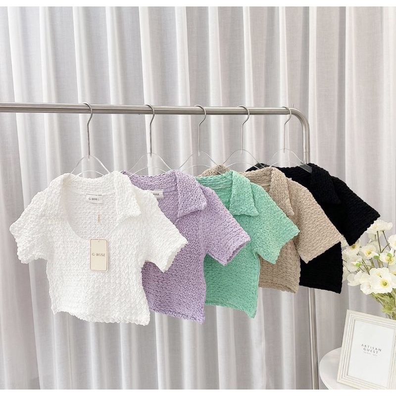 ครอปผ้าย่น คอปก งานป้าย G Rose เนื้อผ้าใส่สบาย