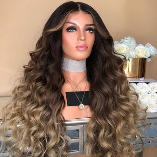 Women Gradient Black Brown Long Curly Wig Synthetic Wavy Hair Heat Resistant Wig