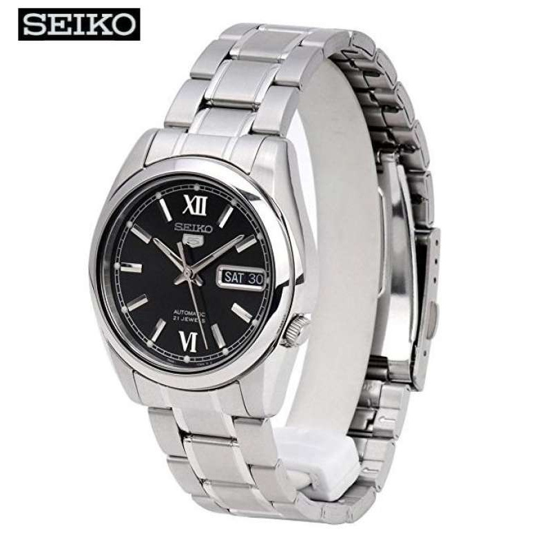 SEIKO 5 Automatic รุ่น SNKL55K1 นาฬิกาข้อมือผู้ชาย สายแสตนเลส หน้าปัดสีดำ สินค้า ประกันศูนย์ไซโก้ไทย 1 ปีเต็ม