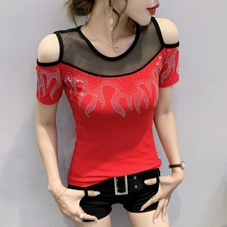 เสื้อยืดเปิดไหล่เสื้อตาข่ายผู้หญิงใหม่ เสื้อยืดแขนสั้น เปิดไหล่ ผ้าตาข่าย ประดับพลอยเทียม สไตล์แฟชั่น เสื้อเปิดไหล่ผู้หญิง เสื้อซีทรูผู้หญิง