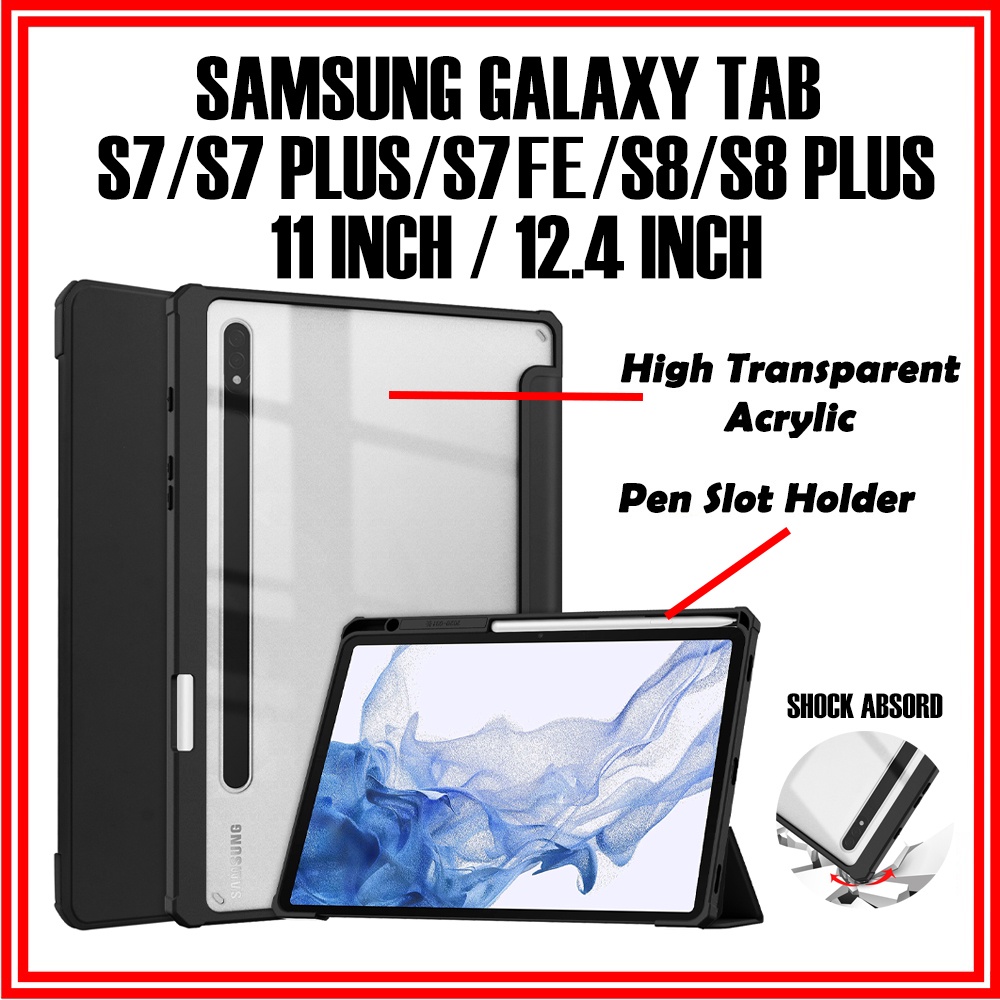 Samsung Tab S7 S8 S7 Plus S7 FE S8 Plus Clear Back Pen Slot Flip Cover Case Galaxy S8plus S7fe S7plu