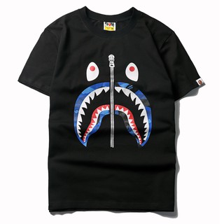 เสื้อยืด พิมพ์ลายพรางปากฉลาม Bape มีซิปปลอม สีฟ้า