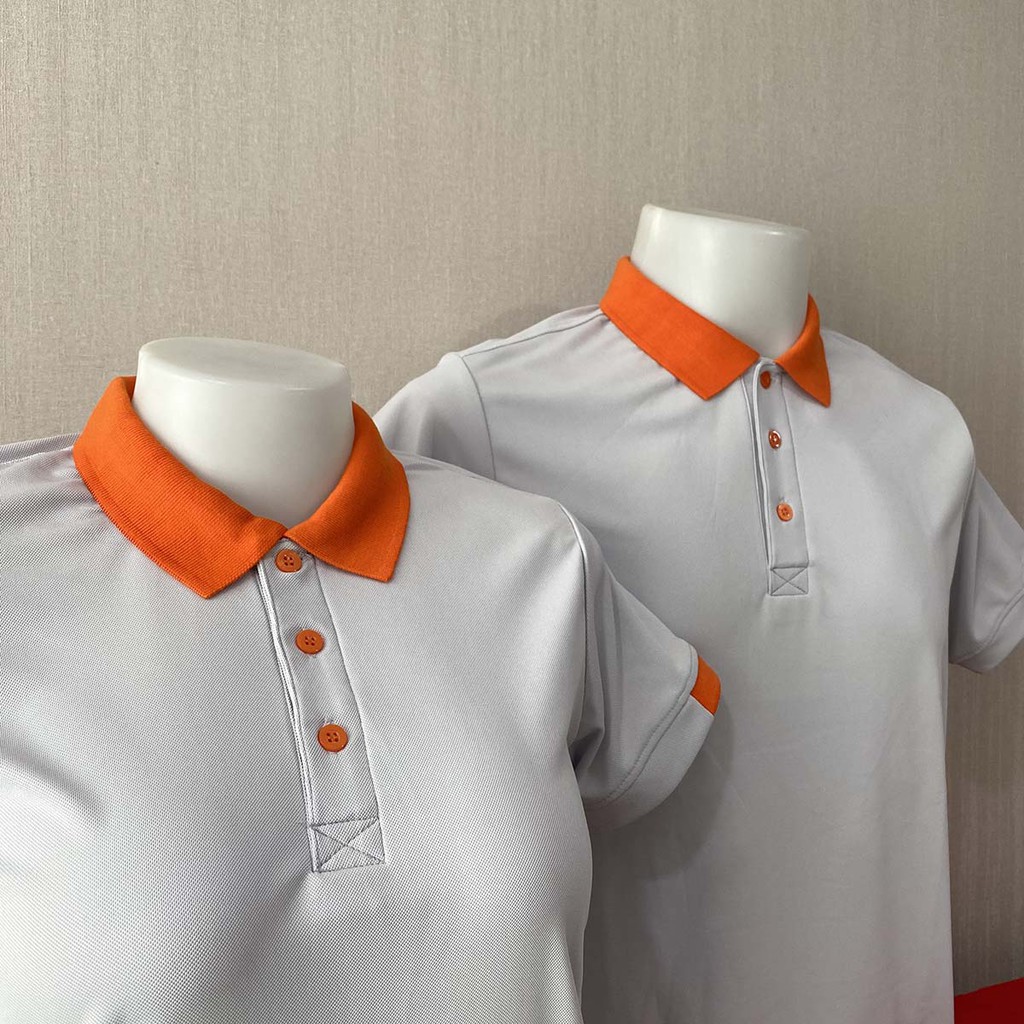 เสื้อโปโล ผ้าไมโครแอร์ Micro Air สีเทาปกส้ม แขนจั๊มครี่ง เนื้อผ้านุ่ม สวมใส่สบาย แบบคลาสสิค เนื้อผ้าไม่ขึ้นขน