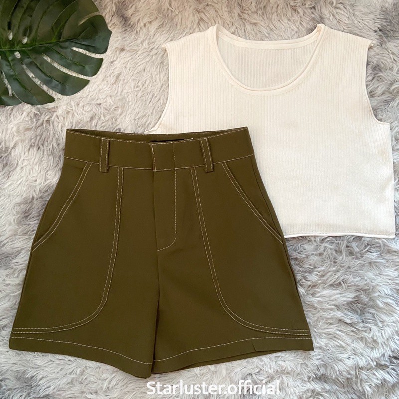 กางเกงขาสั้นเอวสูง แต่งด้ายสี 𝐋𝐞𝐧𝐚 𝐏𝐚𝐧𝐭𝐬 🧢DR-02 รุ่นกระเป๋าโค้ง