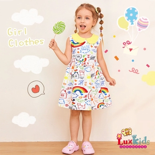 กระโปรงเด็กผู้หญิง Summer Girl Dress Kids Rainbow Cartoon Print Sleeveless Dress Childrens Lovely Pattern Clothes ชุดกระโปรงเด็กผู้หญิง