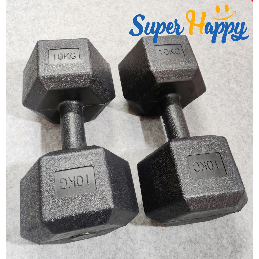 🔥PVC Hex Dumbbell 10KG x2 ดัมเบล 10กก.แพ็คคู่ ดัมเบลหกเหลี่ยม ดัมเบลยาง สีดำ (1 คู่)💯