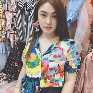 เสื้อเชิ๊ตแขนสั้นทรงสวย ผ้ามัดย้อม ใส่สบายขนาด