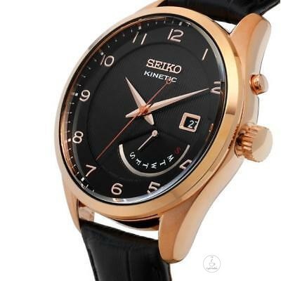 นาฬิกาข้อมือไซโก้ Seiko Kinetic Classic Men's Watch รุ่น SRN054P1 ตัวเรือนสแตนเลสชุบทอง หน้าปัดสีดำ สายหนังสีดำ