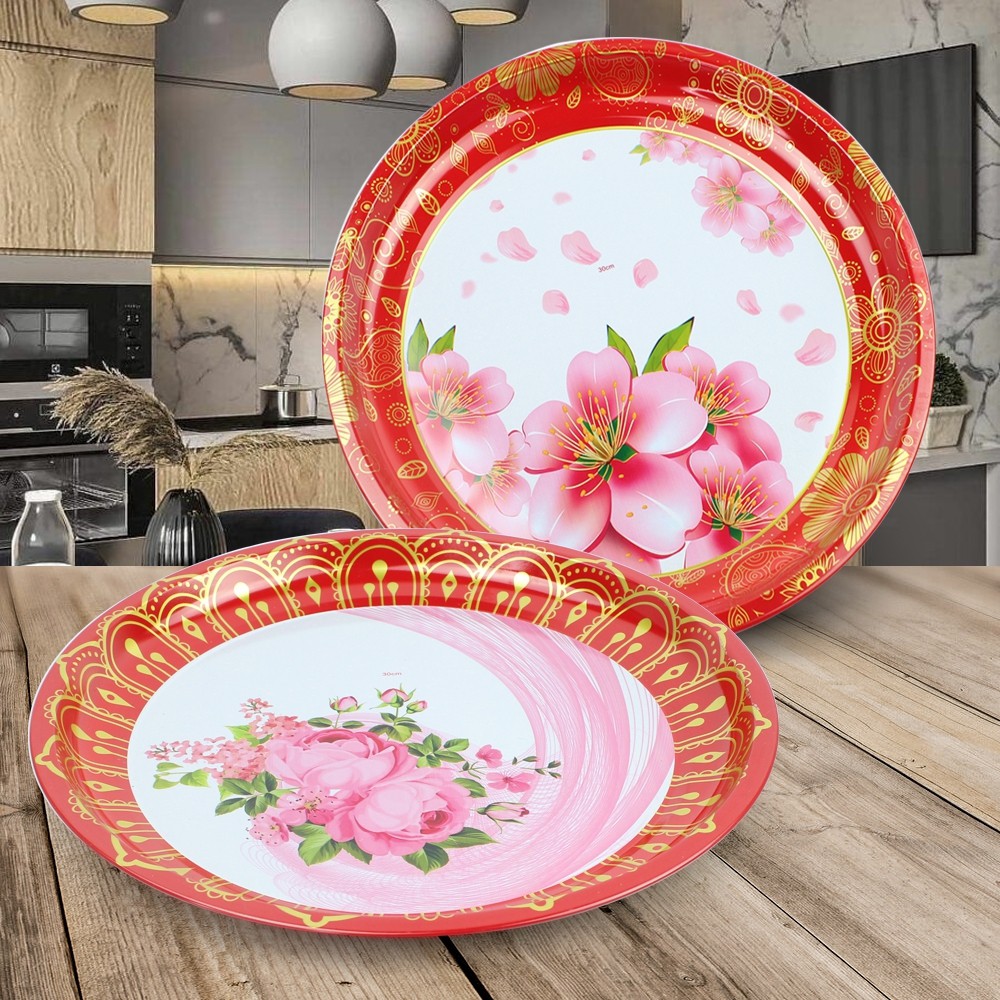 ถาด ทรงกลม ลาย Flower ขนาด 30 Cm สีแดง (คละลาย) รุ่น flower-fruit-tray-05a-Boss