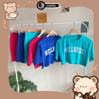 cc🐻Setเสื้อครอป+กางเกงขาสั้นเอวยางยืด สกรีนลายWellnessเนื้อผ้าคอตตอนทั้งชุด