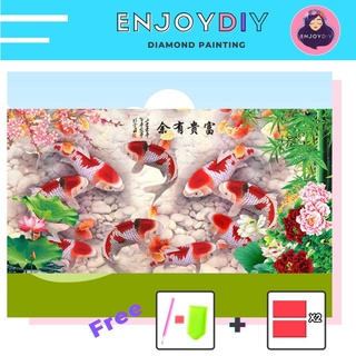 ครอสติสคริสตัล 5d diy diamond painting แบบเม็ด ลาย ปลาคาร์ปดอกมงคล ติดเต็ม เม็ดกลม Enjoy DIY พร้อมส่งจากไทย