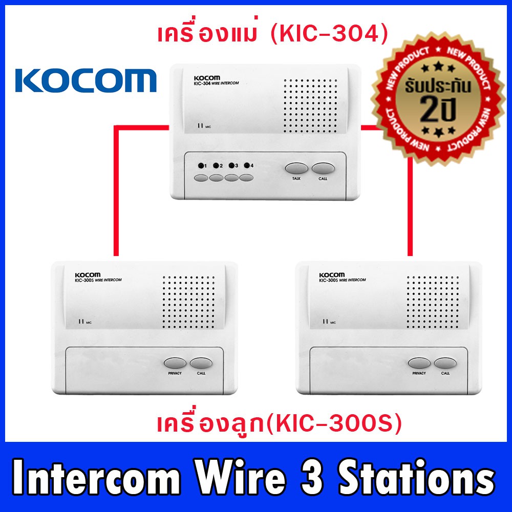 อินเตอร์คอม (Intercom Wire)แบบเดินสาย ไร้สัญญาณรบกวน ชุด เครื่องแม่ 1 (KIC304) เครื่องลูก 2 (KIC300S) ยี้ห้อ KOCOM