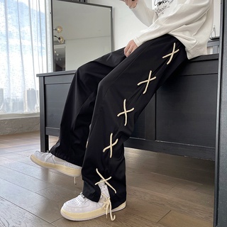 【S-3XL】Port Wind Street Hip Hop Trend Trendy Brand Straight-leg Pants Personality Side Bandage Casual Pants Large Size Loose Trousers