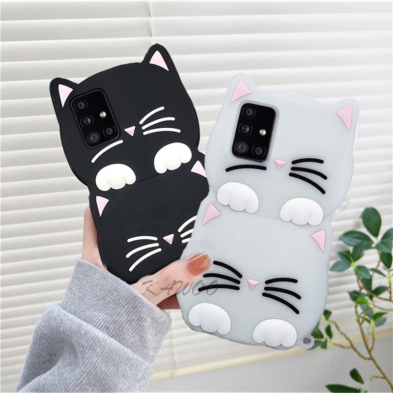 เคสโทรศัพท์มือถือแบบนิ่ม TPU เรืองแสงในที่มืด ลายการ์ตูนแมว 3D พร้อมสายคล้อง สําหรับ Samsung Galaxy 