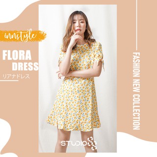 Studio88 ชุดเดรส ชุดเดรสพิมพ์ลายดอกไม้ DRESS รุ่น FLORA เดรสคอกลม แขนผูกโบว์ เนื้อผ้าอย่างดี ใส่สบาย / Dandelion Yellow