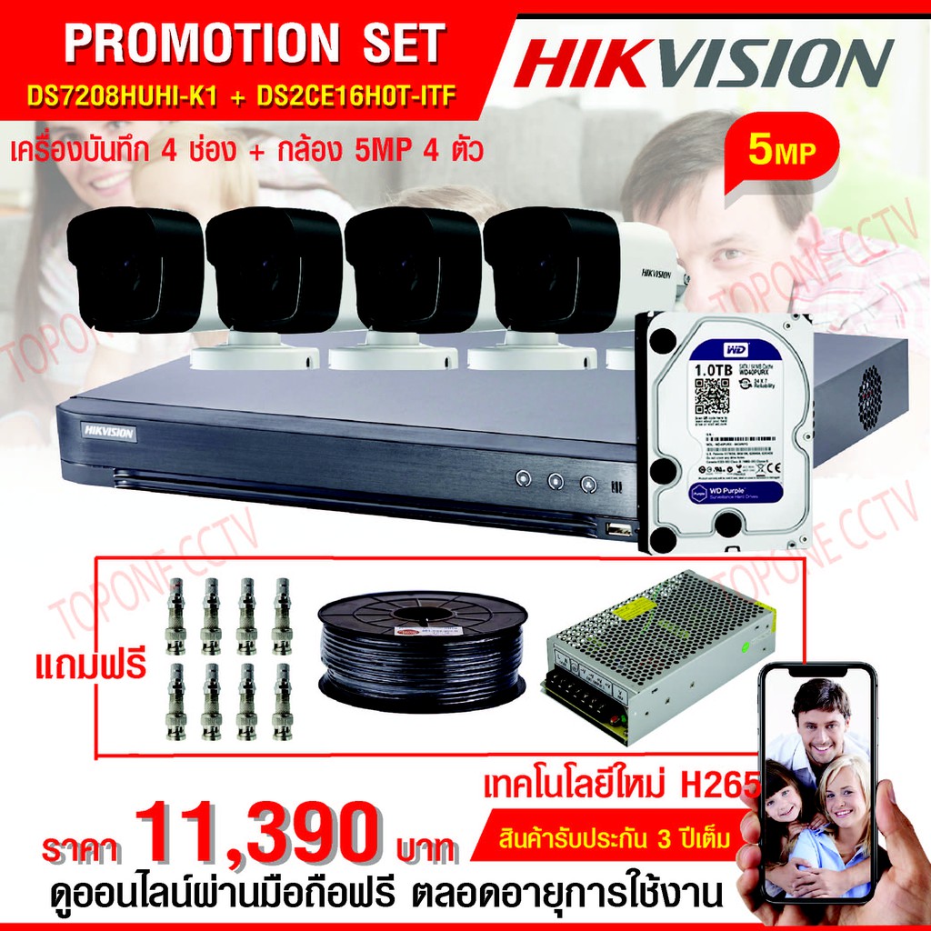 HIKVISION ชุดกล้องวงจรปิด 4CH 5MP (5ล้าน): DS-7204HUHI-K1 +DS-2CE16H0T-ITF(3.6mm) x 4 PCS  ราคาพร้อม