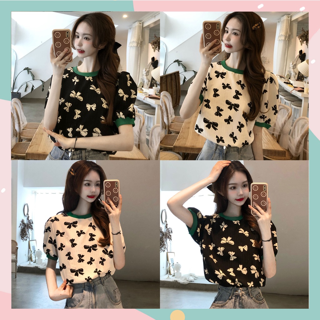 FBAShop เสื้อแฟชั่นคอกลมทรงแขนตุ๊กตา สกรีนลายโบว์เล็กๆทั้งตัว ตัวเสื้อมีให้เลือก 2 สี อย่าพลาดกันน้าสาวๆๆ