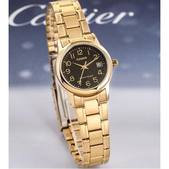 นาฬิกา casio ผู้ชาย สมาร์ทวอช Casio Standard รุ่น LTP-V002G-1B นาฬิกาข้อมือผู้หญิง สายสแตนเลสสีทอง/หน้าปัดดำ (สินค้าของแ