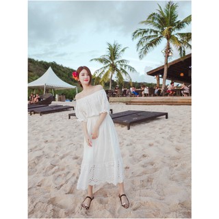 DL-0011 ชุดเดรสชายหาดโบฮีเมียนสีขาว เปิดไหล่  ตกแต่งลูกไม้สวยมาก สีขาว