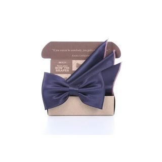 เซ็ทหูกระต่ายและผ้าเช็ดหน้าสูทขอบชมพูสีกรมท่า+Navy Blue Silk Satin Bowtie set