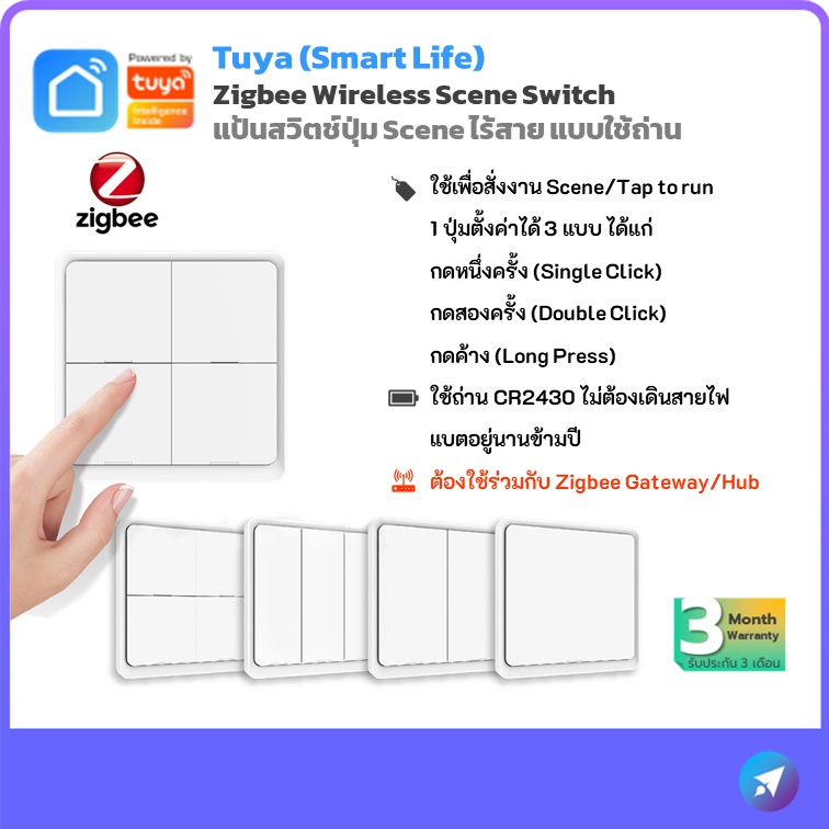 Tuya Zigbee Wireless Scene Switch สวิตช์ไร้สาย แบบใช้ถ่าน เพื่อสั่งใช้งาน Scene/Tap to Run สั่งงานผ่