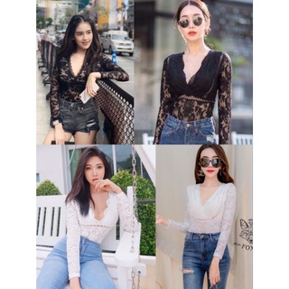 ครบสี สายแซ่บ บอดีสูทลูกไม้นิ่ม🔥Lace Bodysuite Longsleeve #bd681 ลูกไม้กลม