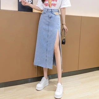 Swan shop 🎈พร้อมส่ง🎈 กระโปรงยีนส์ยาวปานกลางผ่าข้างสำหรับฤดูร้อน แนวหวาน สไตล์เกาหลี