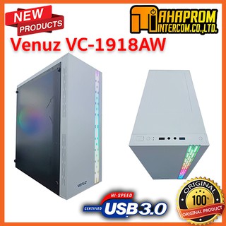 VENUZ Acrylic Side ATX Computer Case VC1918AW with RGB LED Lighting &amp; 120mm Rainbow RGB SYNC Fan – White (เคส Computer).