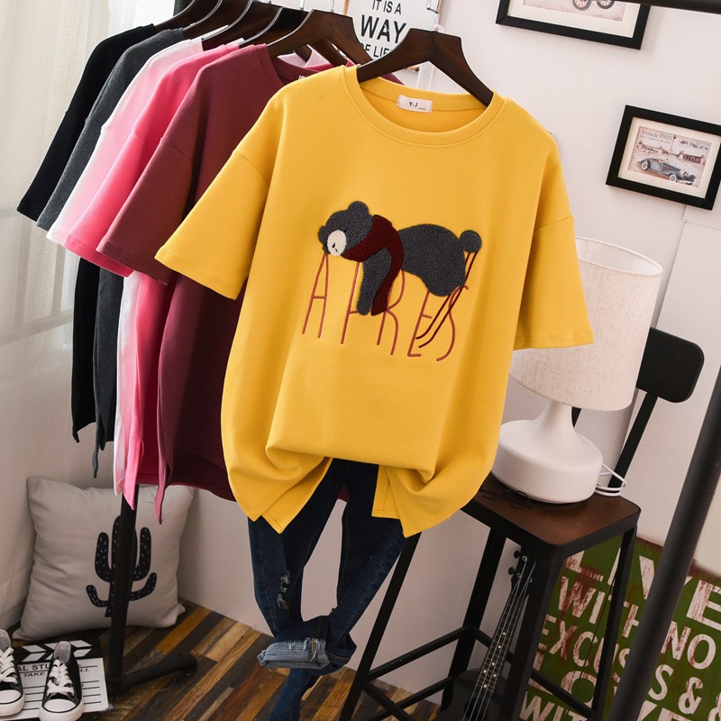 FBAShop เสื้อคอกลมลายน้องหมีขี้เซา งานปักปุกปุย มี 5 สีแบ๊วๆใสๆ