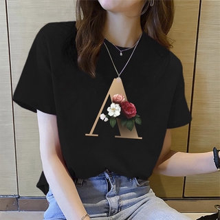 เสื้อยืดคอกลม แขนสั้น พิมพ์ลายตัวอักษร A Name Combination Flower สไตล์ฮาราจูกุ ทรงหลวม สีขาว แฟชั่นฤดูร้อน สําหรับผู้หญิง