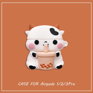 เคสหูฟังบลูทูธไร้สาย ซิลิโคนนิ่ม ลายวัวดื่มชานม Boba สําหรับ Apple Airpods Pro 2 Case 3 1